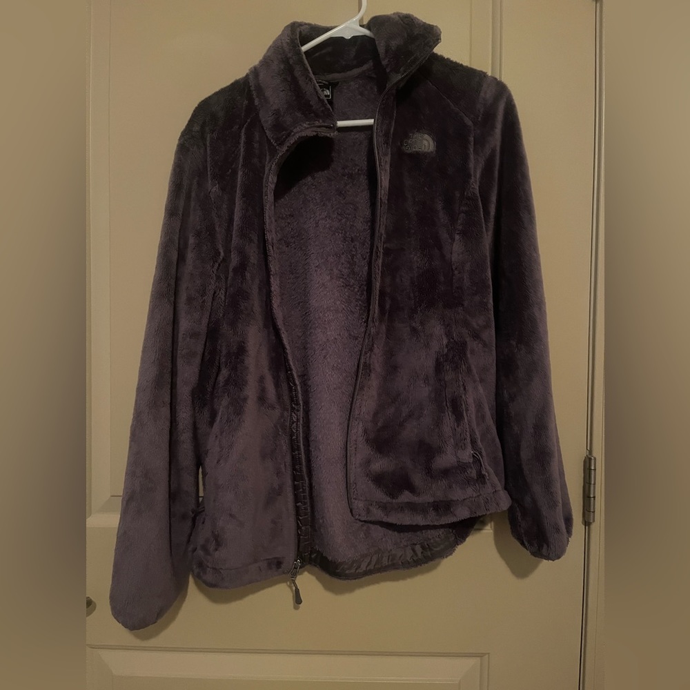 The North Face dark purple fuzzy winter jacket with pockets